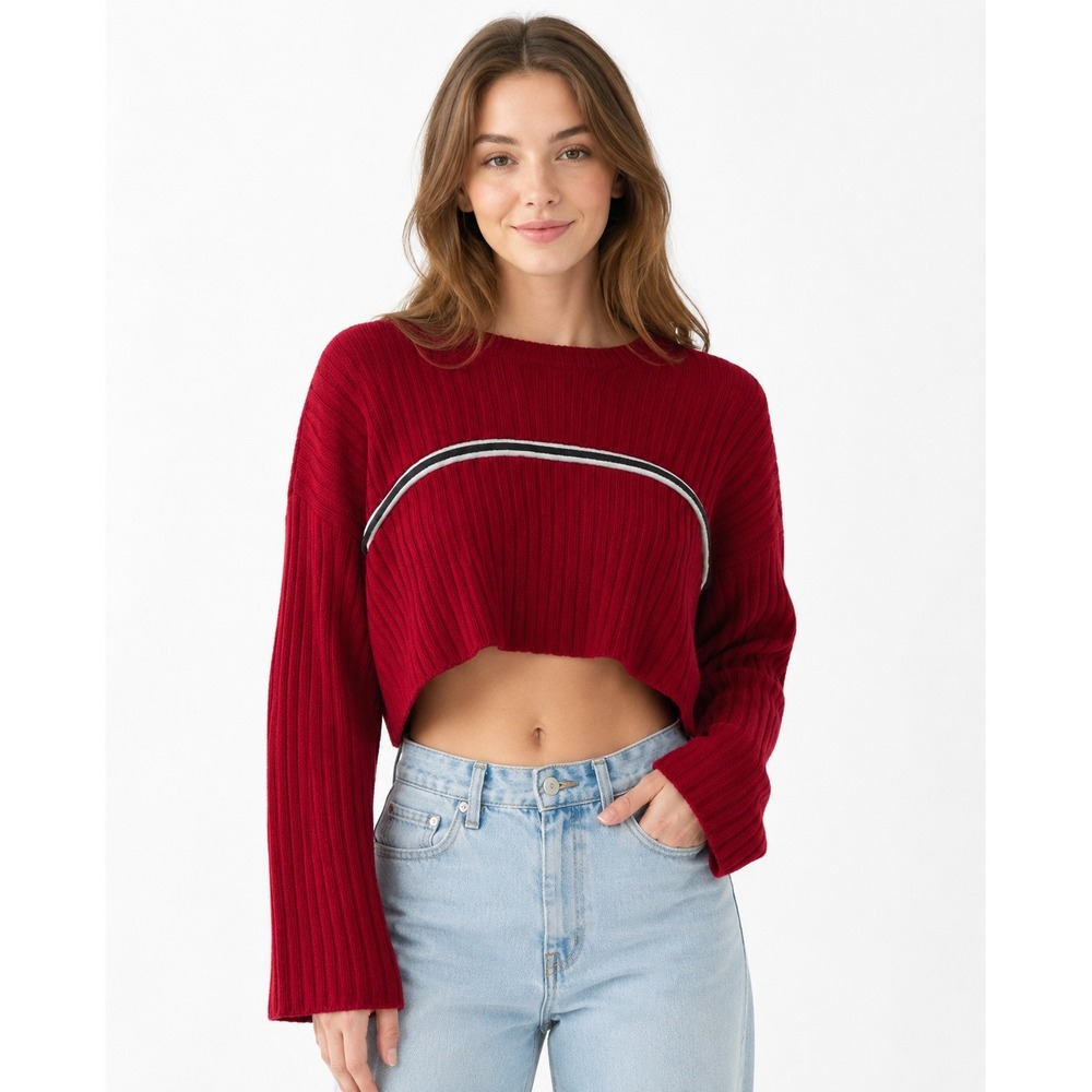 New‎ Seek the Label Medium Red Rib Knit Flare Sleeve Zipper Detail Crop Sweater